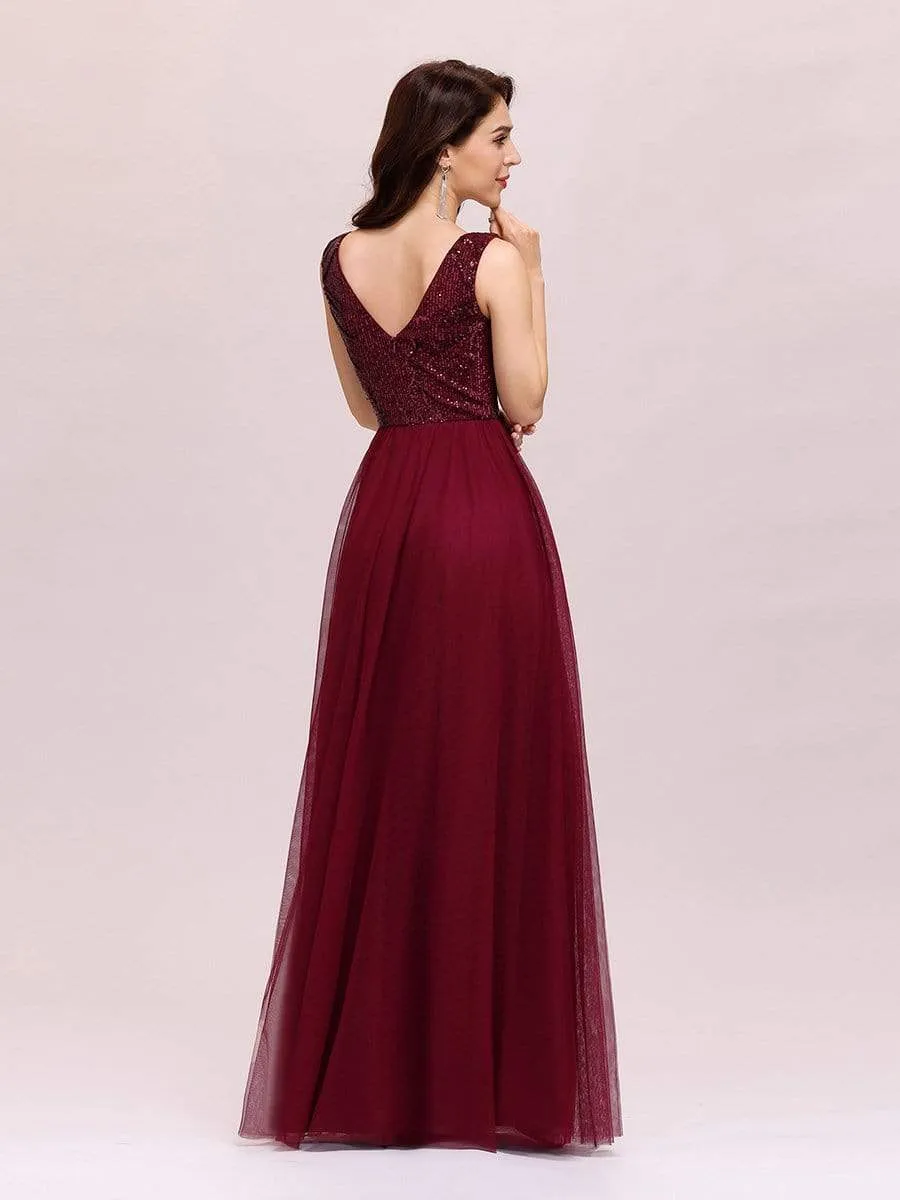 Women's V-Neck Sequins Print Tulle Evening Party Dresses