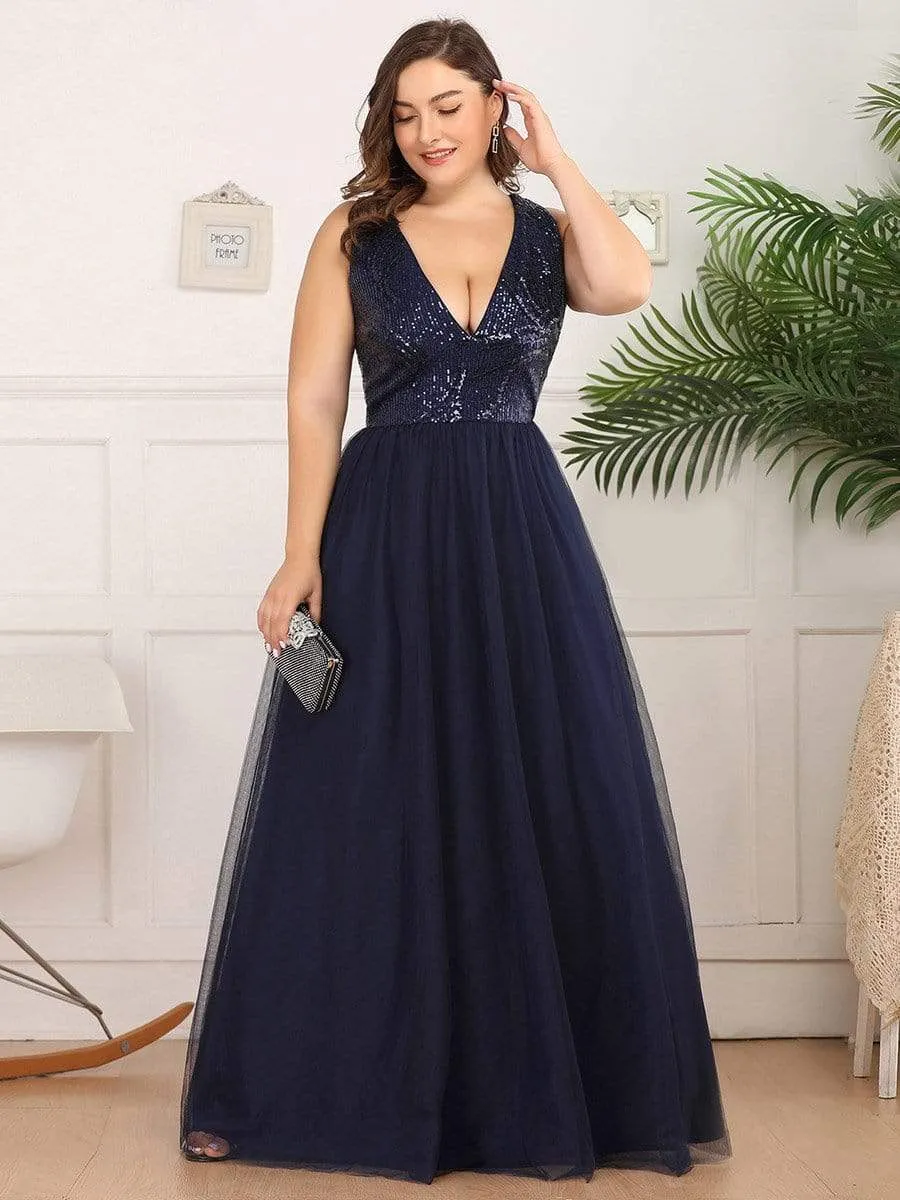 Women's V-Neck Sequins Print Tulle Evening Party Dresses