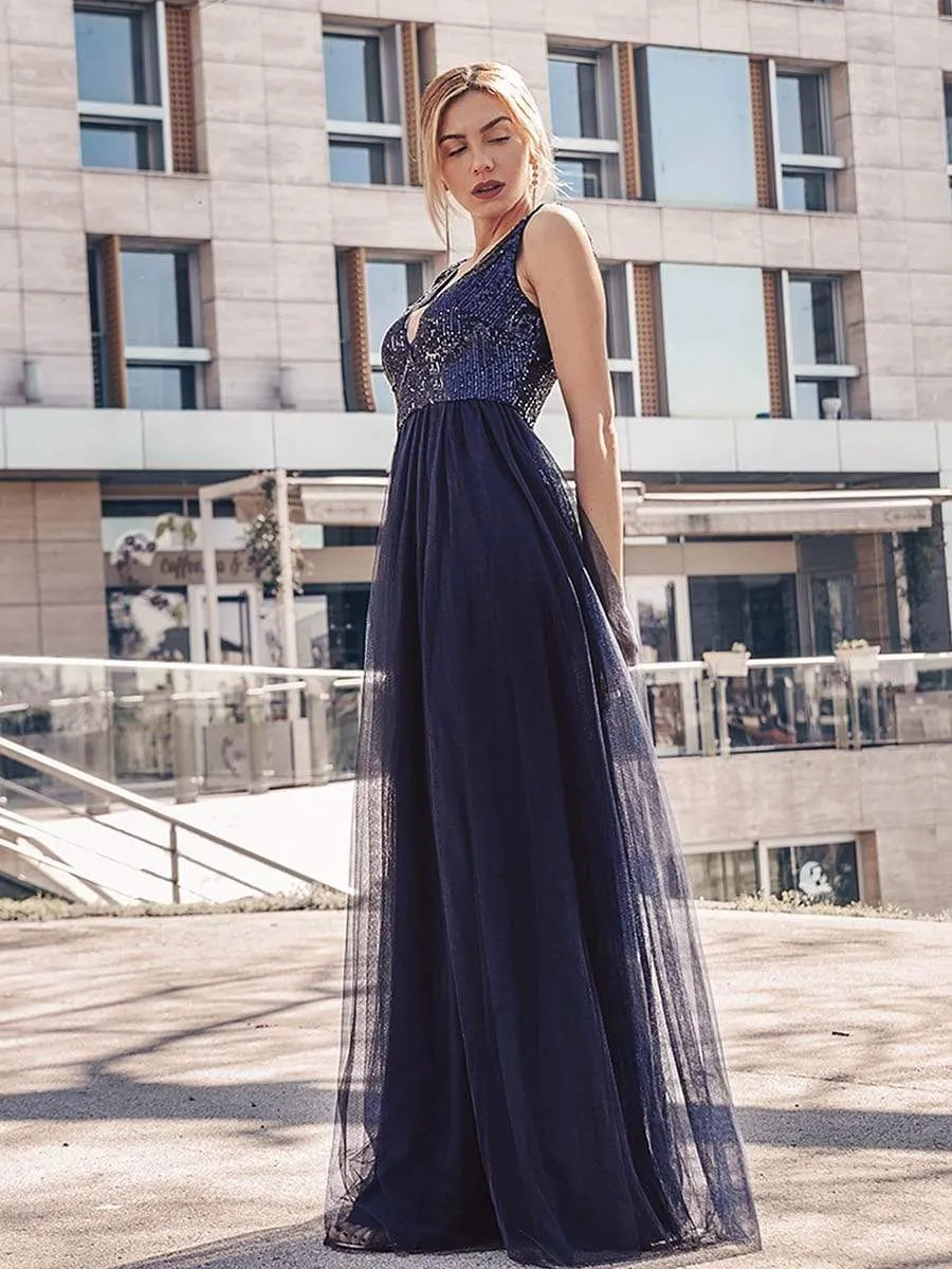 Women's V-Neck Sequins Print Tulle Evening Party Dresses