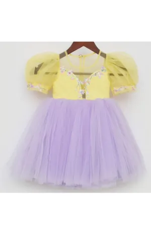 Yellow And Lilac Flower Embroidered Net Dress