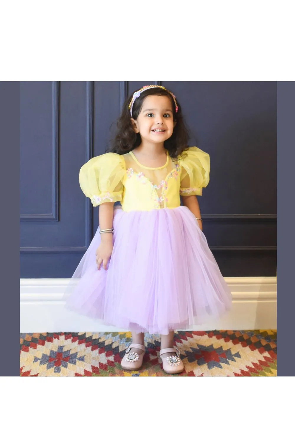 Yellow And Lilac Flower Embroidered Net Dress