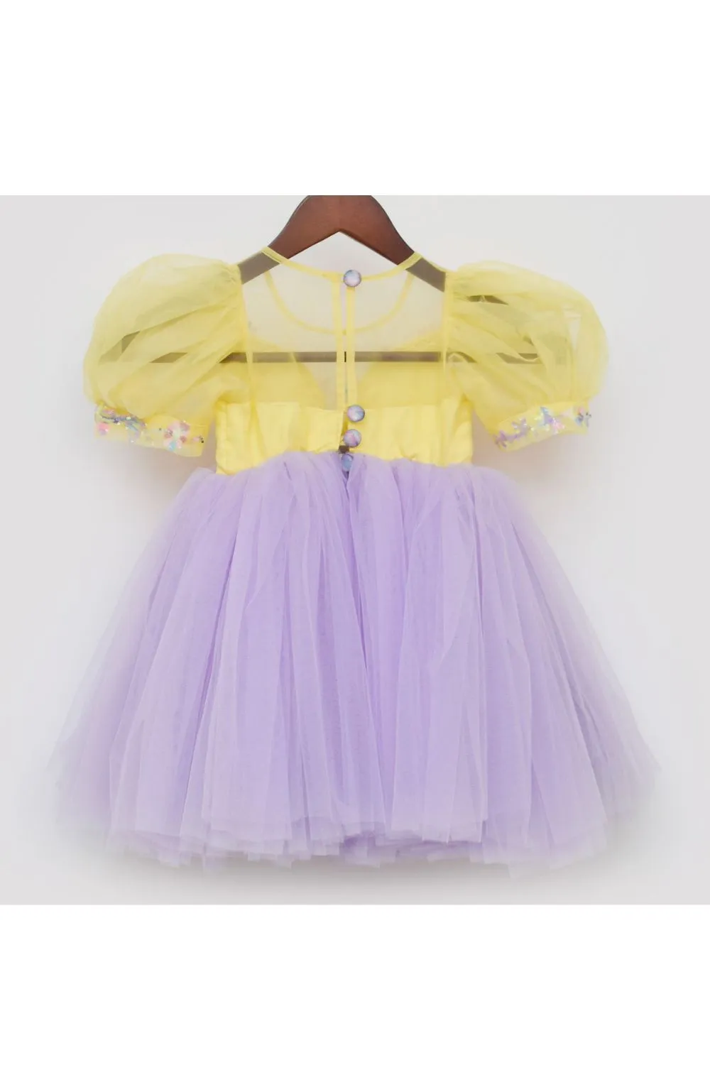 Yellow And Lilac Flower Embroidered Net Dress