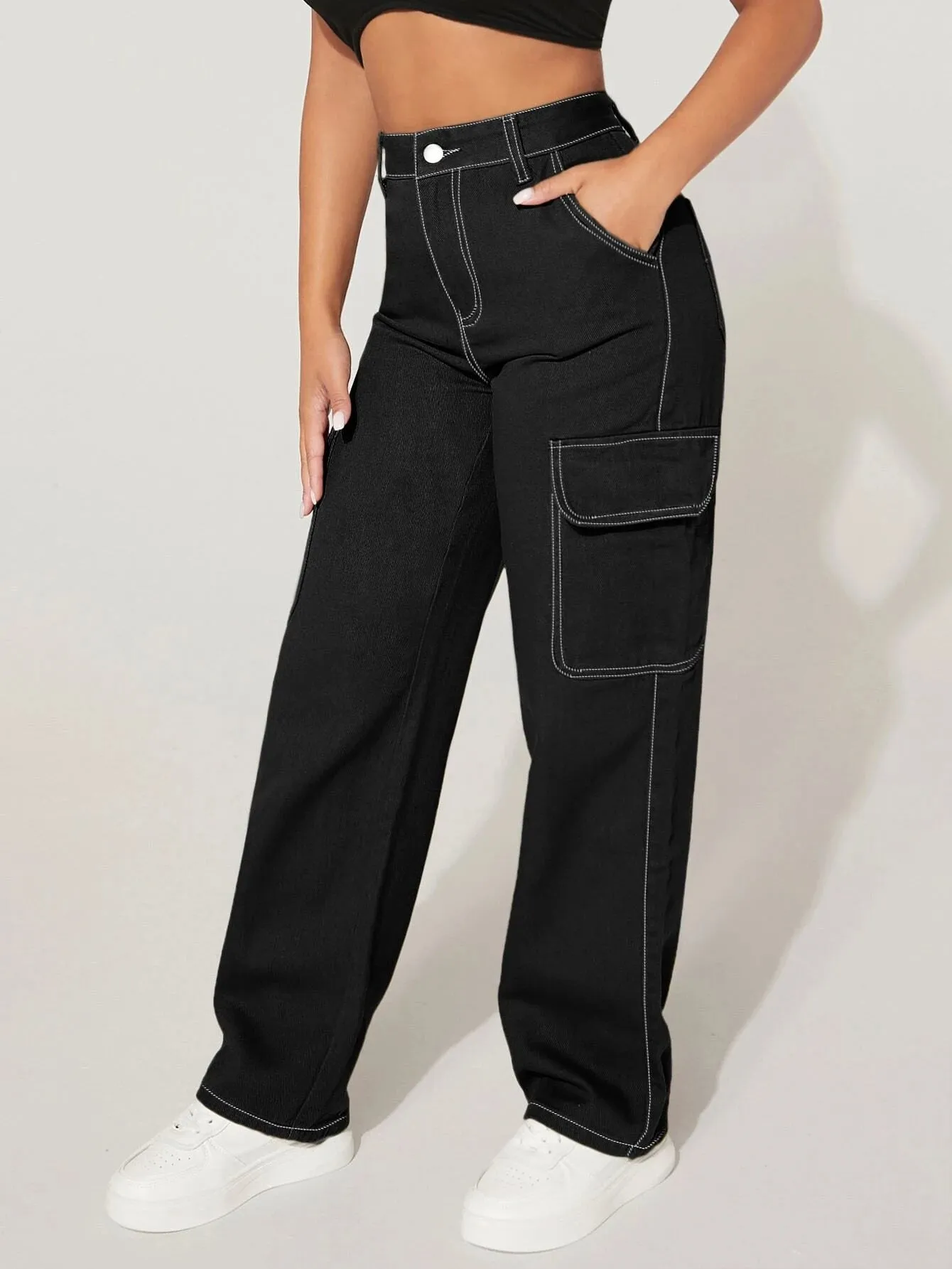 Zippered Pocket Denim Pants